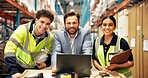 Portrait, warehouse and logistics team with laptop for shipping, supply chain manager or about us. Storage, employees and happy people with computer for distribution checklist, pride or collaboration