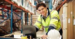 Warehouse, portrait and man on laptop for supply chain, shipping orders and online inventory. Distribution, storage depot and person on computer for inspection, logistics or delivery stock on website