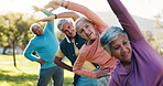 Stretching, learning and fitness with old people in park for wellness, workout or mobility exercise. Joint friendly training, retirement and warm up with senior men and women outdoor for health