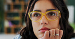 Home, thinking and woman with glasses, college student and planning for creative assignment. Eyewear, university and person with problem solving, choice and phd research with solution or decision