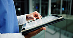 Nurse, tablet and hands in hospital for healthcare research,  report or schedule in clinic at night. Technology, medical worker and person with online results, check email and bokeh on overtime