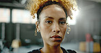Portrait, serious and black woman as personal trainer at gym for fitness pride, about us and exercise. Confident, person and coach for training, sports assistance and instructor for wellness benefits