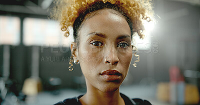Buy stock photo Portrait, African woman and athlete at gym for fitness pride, membership and exercise. Serious, female person and confident for training, sports assistance and attitude for wellness benefits