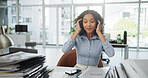 Woman, frustrated or overwhelmed in office with workload for marketing proposal, paperwork or deadline. Upset, employee or creative person with stress in workplace for document pile, task or pressure