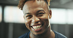 Portrait, black man and personal trainer with smile at gym for fitness pride, about us and exercise. Happy, male person and coach for training, sports assistance and instructor for wellness benefits