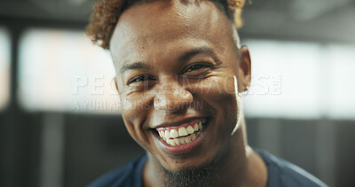 Buy stock photo Portrait, black man and personal trainer with smile at gym for fitness pride, about us and exercise. Happy, male person and coach for training, sports assistance and instructor for wellness benefits