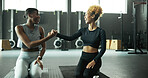 Fist bump, teamwork and women in gym for fitness, pilates or training with success, achievement or support. Sport, friends and motivation with smile for health, wellness or workout and exercise goals