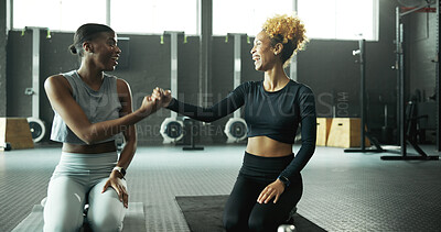 Buy stock photo Fist bump, teamwork and women in gym for fitness, pilates or training with success, achievement or support. Sport, friends and motivation with smile for health, wellness or workout and exercise goals