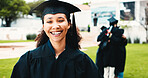 Woman, graduation and smile outdoor at university for goal, celebration or portrait at campus. Person, college student and happy for success, achievement and pride with cap for scholarship at academy