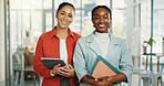 Portrait, team and women with tech, office or happy for story opportunity, journalists and creative. Confident, reporters and people with smile for career growth, media and collaboration in newsroom