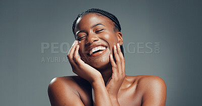 Buy stock photo Beauty, laugh or black woman in studio for skincare, facial glow or soft texture for wellness. Dermatology, natural aesthetic or happy person with smooth skin, self care or space on gray background