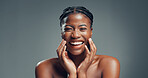 Portrait, skincare and black woman in studio, funny and dermatology on gray background. Space, shine and African person with wellness, glow and beauty with cosmetics, healthy skin, humor and laughing