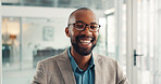 Smile, corporate and portrait of black man in office with confidence for finance career growth. Happy, professional and African male financial manager with pride for job development in workplace.
