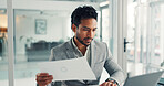 Planning, laptop and documents with business man in office for reading, broker review and stakeholder pitch. Investor proposal, paperwork or research update with employee in agency for report