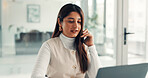 Phone call, computer and businesswoman in office with communication, negotiation or finance deal. Cellphone, laptop and financial advisor on mobile discussion for investment proposal in workplace.
