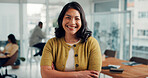 Office, creative and portrait of business woman with confidence, pride and laugh for editor career. Media agency, happy and person with crossed arms for copywriting, news reporter job and publishing