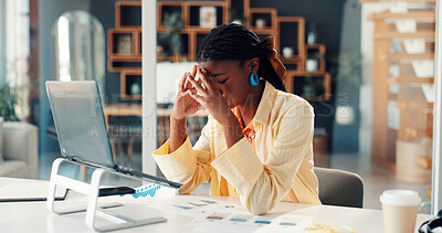Buy stock photo Headache, burnout and black woman in office with pressure, tension or stress for deadline. Tired, migraine and African creative editor with fatigue, brain fog or overwhelmed for project in workplace.