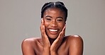 Beauty, girl and skincare portrait in studio with healthy skin, natural glow and hydration. Mockup space, black person and smile on gray background for acne treatment results, radiance and self care