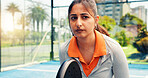 Padel, serious and fitness with woman on court for sports athlete, contest and tournament club. Training, competition and tennis player or person on outdoor turf for exercise, game and match challenge