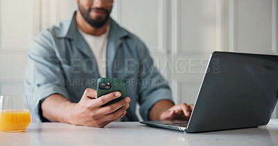 Buy stock photo Freelancer, laptop and hands with smartphone, home and research for ebook marketing on social media. Online, brand awareness and self publisher with tech for novel promotion, web and person in house