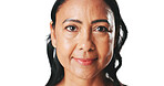 Mature woman, skincare and studio with smile, pride or results in portrait with mockup space on white background. Person, beauty and dermatology with natural glow, benefits and anti aging in Colombia
