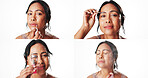 Mature woman, collage and beauty in studio with skincare, product and tools on white background. Person, eye lashes and lipstick with makeup, cosmetics or portrait with spray application in Colombia