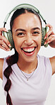 Headphones, fitness and portrait with woman in studio for streaming service, workout playlist and health. Radio subscription, exercise podcast and music with person on white background for audio
