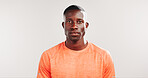 Fitness, serious and portrait of black man in studio for workout, gym about us and personal trainer. Wellness, training coach and bodybuilder advisor with person on white background for pride