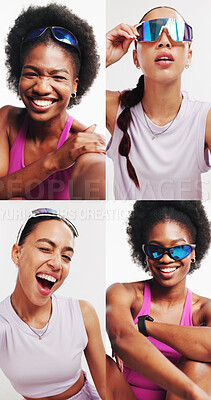Buy stock photo Athlete, fashion and women with sunglasses, collage or confident with cyberpunk aesthetic and studio. White background, happy and people with shield eyewear, montage and futuristic Y2K athleisure