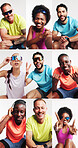 People, fitness and montage in studio, happy and sunglasses in portrait on white background. Men, women and smile with peace sign, headphones or collage for training routine, exercise and wellness