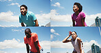 Collage, fitness and tired people in city for rest, recovery and break for exercise, workout and training. Sports, montage and athletes with fatigue in town for marathon, wellness and running outdoor