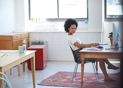 Buy stock photo African woman, happy or portrait in modern office on computer for project development or startup company. Confident web designer, smile or proud person with technology in creative agency or business