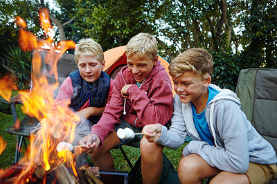 Buy stock photo Boys outdoor, laugh and fire with marshmallow for childhood memories, connection or bonding together. Children, friends and happiness in nature with flame for smores treat, snack or camping activity.