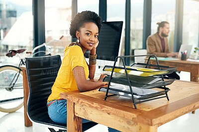 Buy stock photo Portrait, black woman and computer in office with smile for career, job growth and opportunity in confidence. Female employee, happy and research for creative ideas, plan and design as web designer