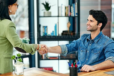 Buy stock photo Business people, shaking hands and office agreement or project for b2b partnership, teamwork or contract. Man, woman and negotiation solution at digital agency or collaboration, onboarding or support