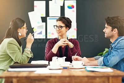 Buy stock photo Creative agency, ideas and business people in meeting, brainstorming and partnership. Group, staff and employees with teamwork, startup and cooperation with conversation for project brief and review
