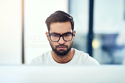 Buy stock photo Computer, man and working in office for research, planning or website design. Male entrepreneur, pc and reading with concentration on internet for information, connection and online business