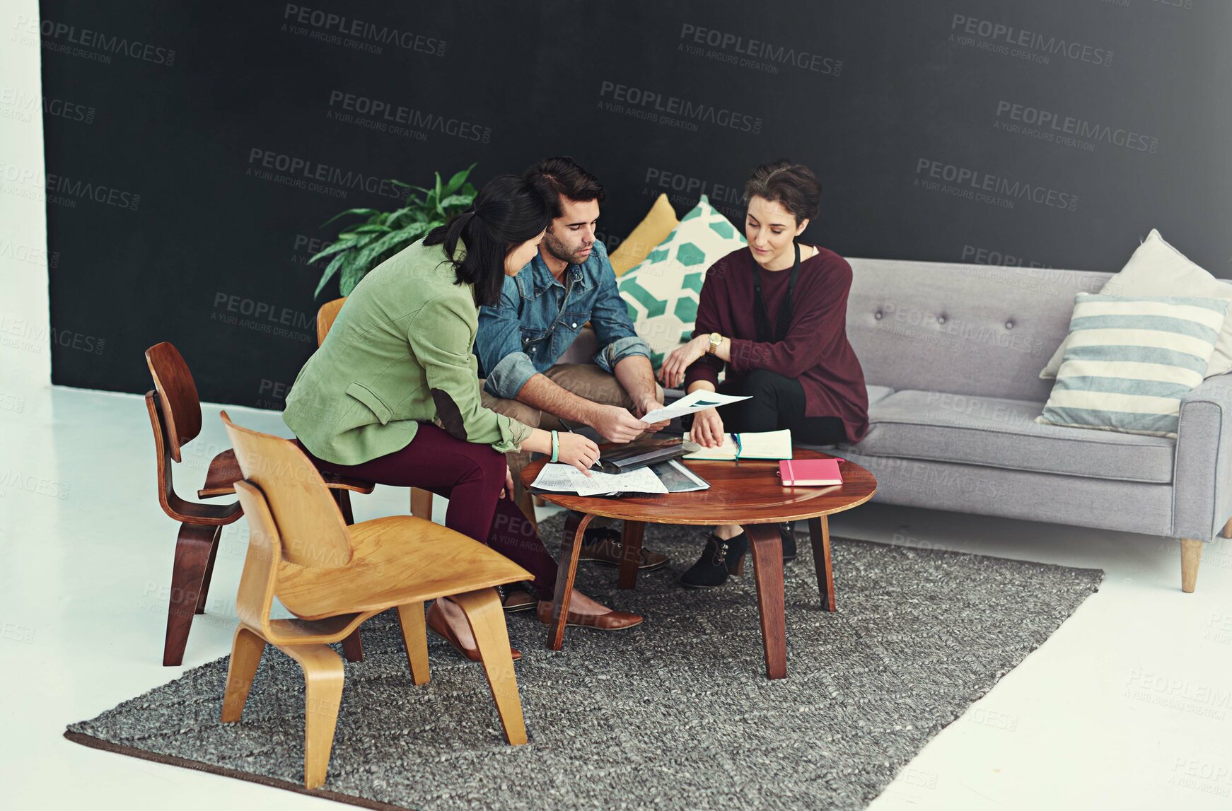 Buy stock photo Creative agency, teamwork and business people in meeting, brainstorming and feedback with ideas. Group, modern office or employees with conversation, cooperation and review with project brief or talk