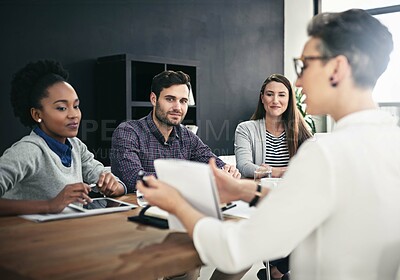 Buy stock photo Business people, presentation and notebook in office for teamwork, project and diversity in workplace. Woman, paperwork and collaboration with pride for planning, training and brainstorming ideas