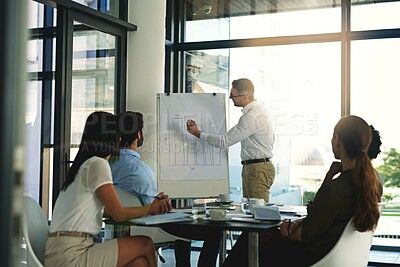 Buy stock photo Businessman, whiteboard and meeting for presentation with collaboration, project proposal and teaching in office. Coach guy, workshop and explain chart for learning with staff training and education