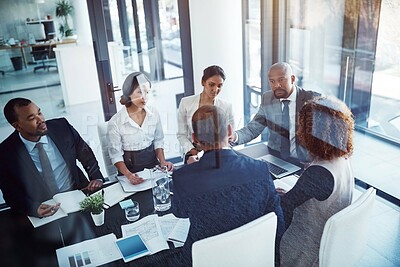 Buy stock photo Meeting, clients and planning with business people in office for strategy, corporate and teamwork. Support, collaboration and project management with employees in boardroom for workshop and solution