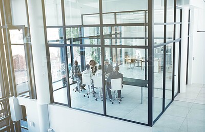 Buy stock photo People, business and meeting in the office, building and professional workplace for group in collaboration and teamwork. Businesspeople, board room and discussion of business and project management