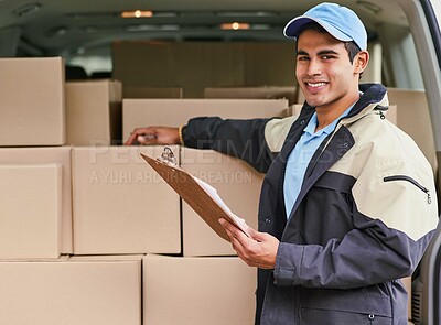 Buy stock photo Man, portrait and delivery with van, checklist and invoice or updates on courier service or quality control. Male dispatcher, clipboard and logistics with records or documents for stock inspection.