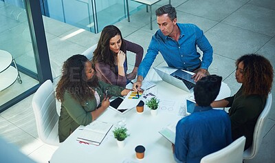 Buy stock photo Chart, business people or team planning in office for sales projection, brand growth or stats above. Top view, meeting or discussion with graph document, campaign performance or analysis on laptop