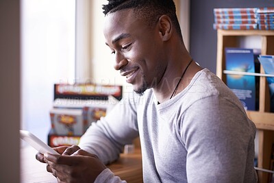 Buy stock photo Library, student and black man with tablet, study and digital for research, reading and web for project. Connection, university and guy in shop for books, internet and knowledge to learn in Atlanta