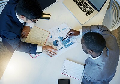 Buy stock photo Laptop, paper and business people in office with documents, graph and financial, chart and top view budget review. Accounting, teamwork and men with trading advice, support or idea collaboration