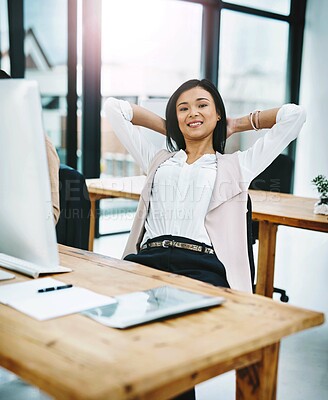 Buy stock photo Business woman, portrait and relax with productive day in completion, finished or done at office. Young female person or happy employee with smile, stretching or rest in break or freedom at workplace
