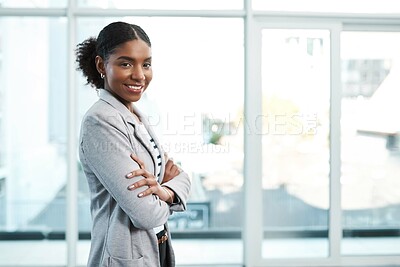 Buy stock photo Black business woman, arms crossed and portrait by window in office with confidence at insurance company. African person, employee and consultant at life cover agency for financial security at job