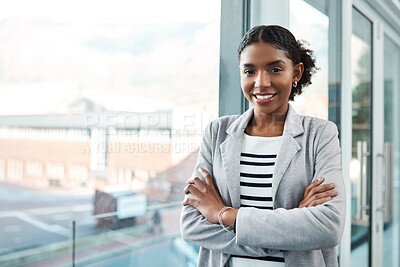 Buy stock photo Crossed arms, confident and portrait of business black woman with ambition, company pride and startup ideas. Professional, office and person by window for career, job and working in creative agency