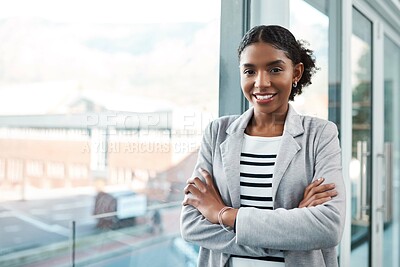 Buy stock photo Crossed arms, office and portrait of business black woman with confidence, company pride and startup ideas. Professional, window and person in workplace for career, job and working in creative agency